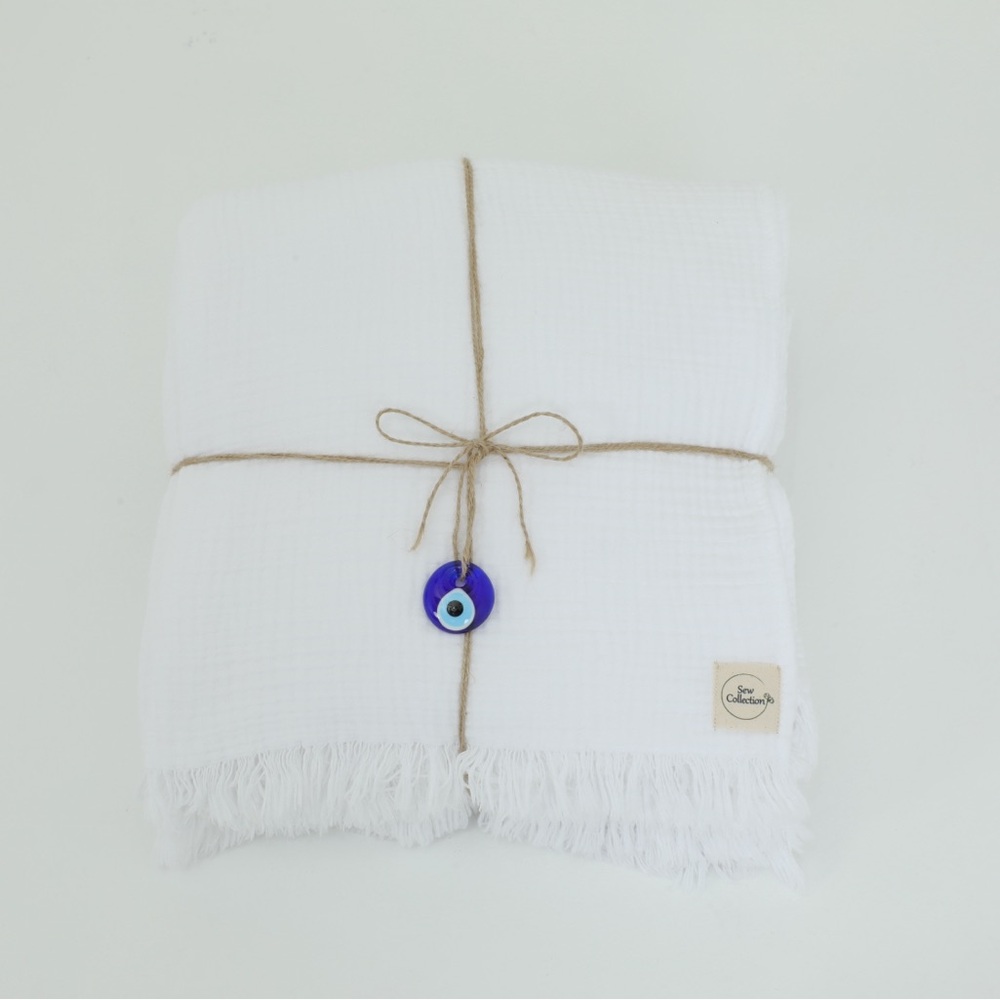 White Cotton Throw Blanket with Fringe